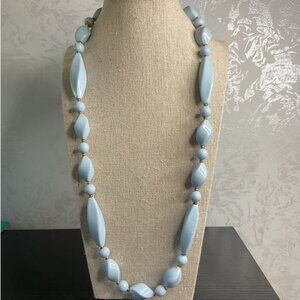 Vintage Light Blue Beaded Necklace Unique Shapes Gold Tone Accents Long